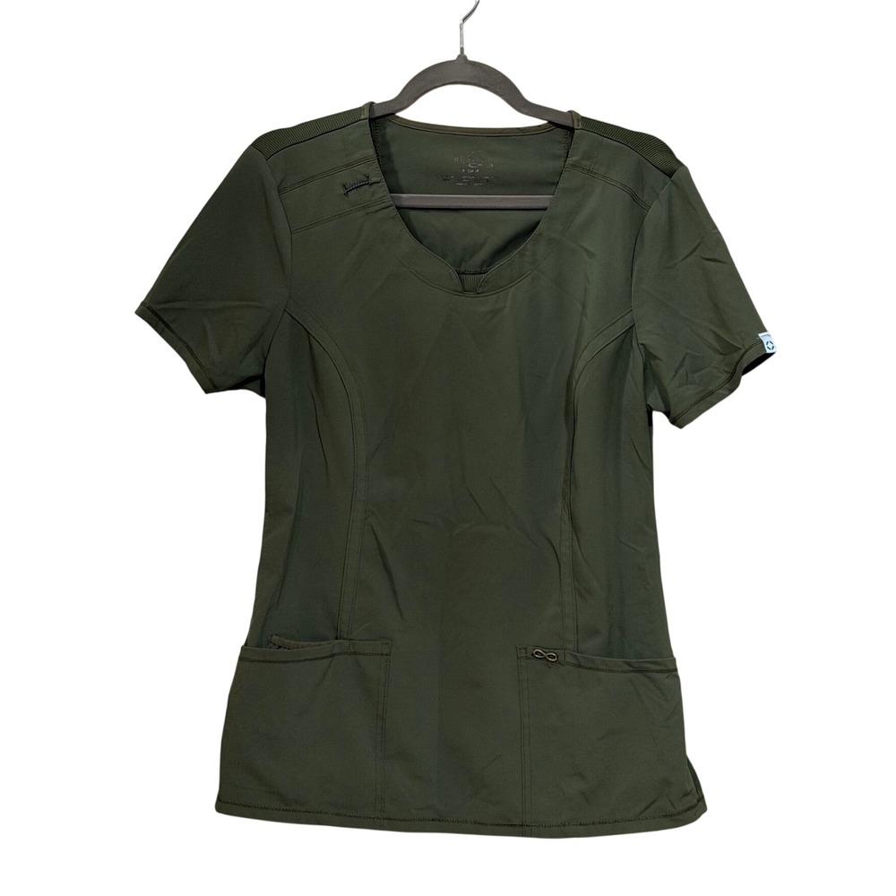 Cherokee Infinity Womens Scrub Top Small Olive Green V-Neck Knit Back